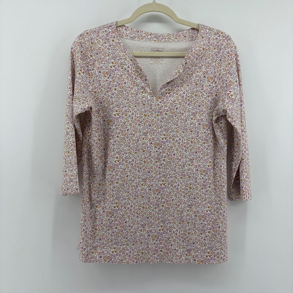 L.L.Bean Women S White Purple Floral Supima Cotton 3/4 Sleeve Split Neck Tee